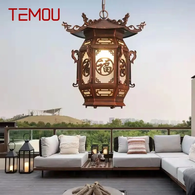 

TEMOU Chinese Lantern Pendant Lamps Outdoor Waterproof LED Brown Retro Chandelier for Home Hotel Corridor Decor Electricity