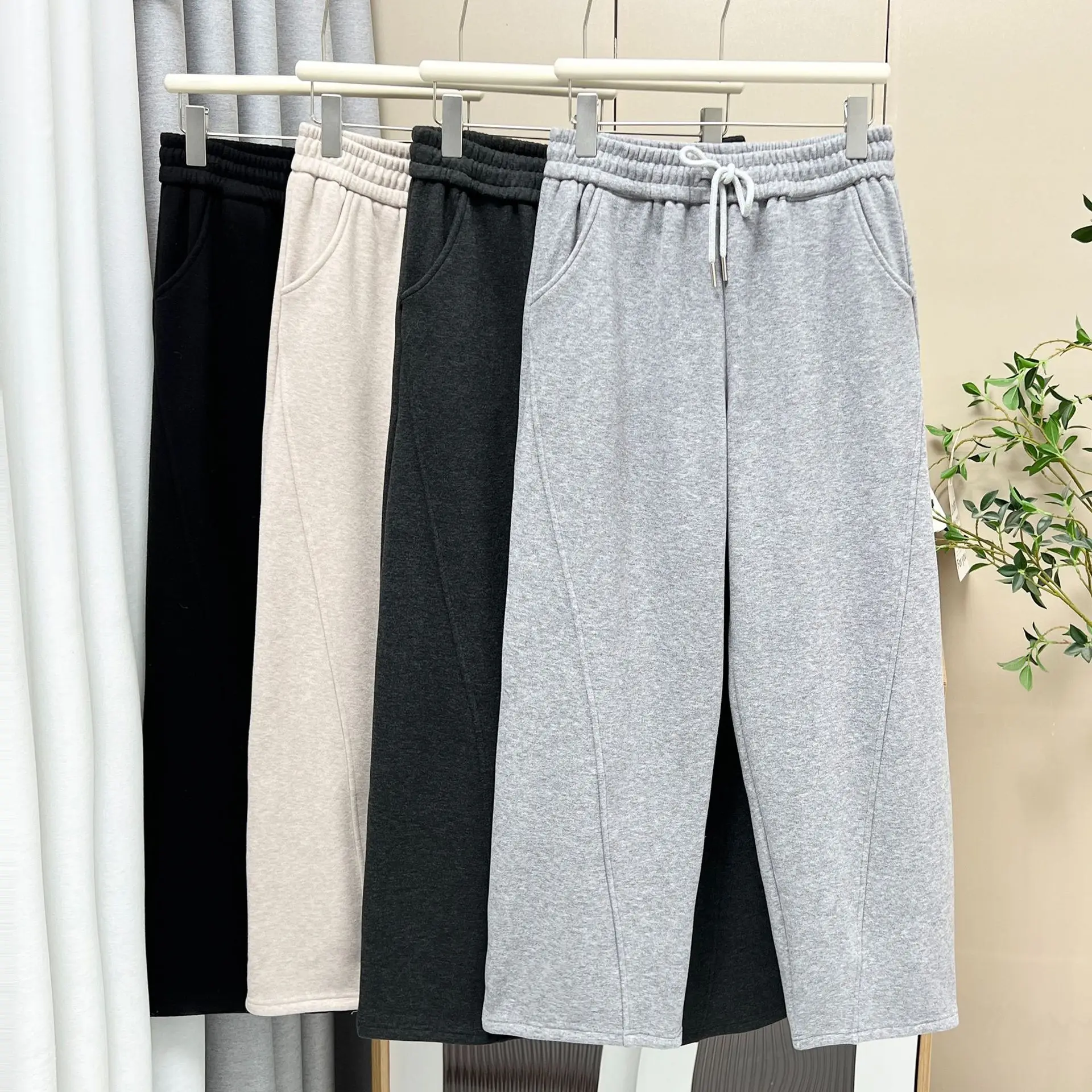 XXXXL Fashion Plus Size Women's Straight Pants Casual Winter Style Simple Fleece Thickened Curved Wide Leg Trousers 2865