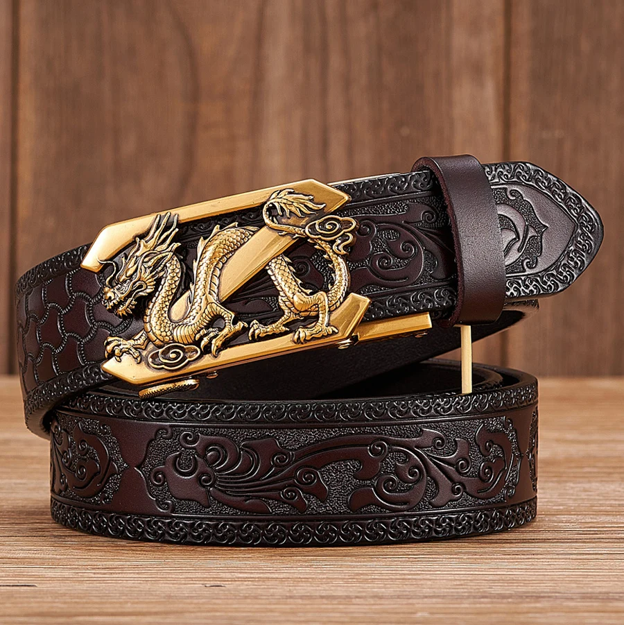 3.5cm Fashion Embossing Retro Male Belts for Men Business Cowhide Genuine Leather Belt Dragon Pattern Automatic Buckle Strap top luxury quality cowhide genuine leather retro ifeng dragon pattern brass slide buckle metal belts for men jean strap designer