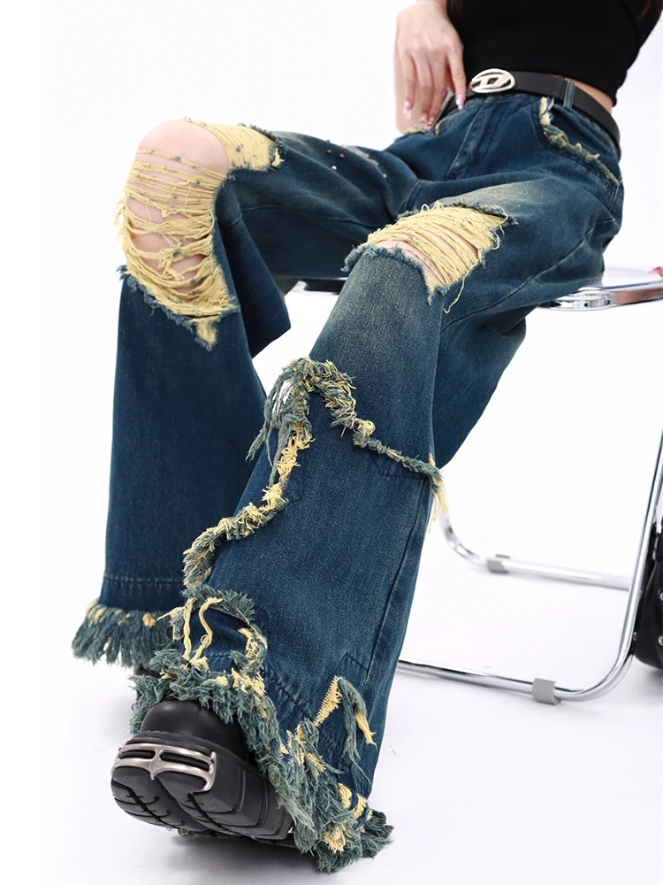 Retro American High Street Ripped Holes Jeans Girl Vintage Blue Oversized Denim Trousers Fashion Beaded Wide Leg Pants Women Y2K