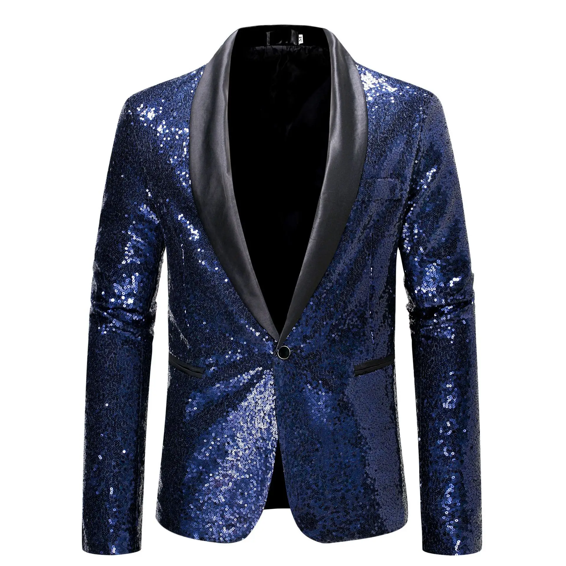 

Mens One Button Shawl Collar Tuxedo Blazers Shiny Blue Sequins Blazer Suit Jacket Men DJ Nightclub Stage Singer Costume Homme