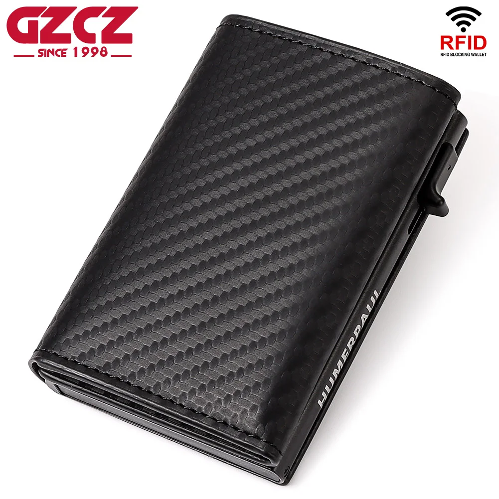 STM Leaders Aluminum RFID Blocking Trifold Wallet - Slim Black Carbon Fiber, 10 Card Slots, Automatic Pop-Up