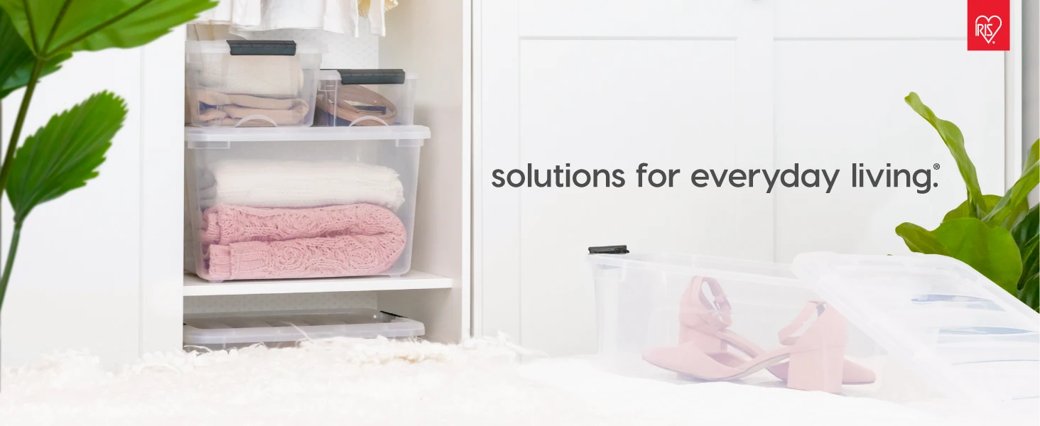 IRIS solutions for everyday living, bins stacked in shelving