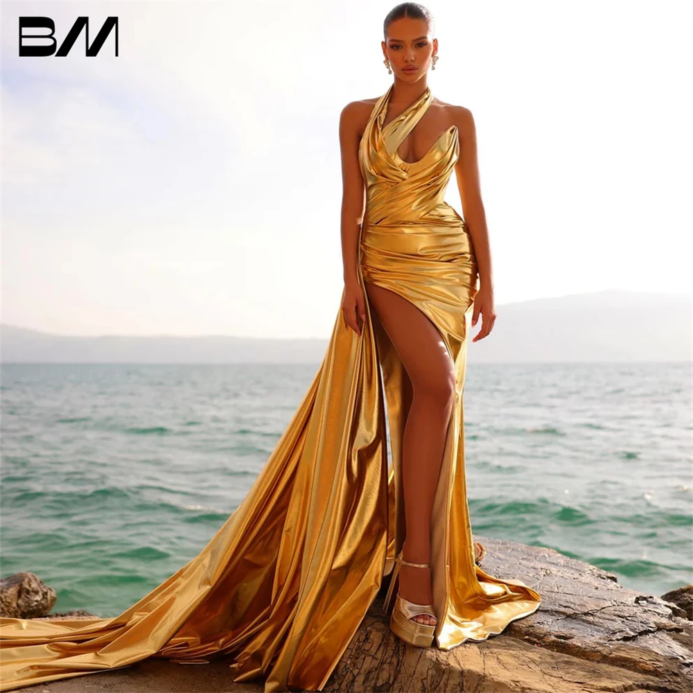 Glowing Gold Prom Dress with Side Slit, Customized Sheath Evening Dresses,  Halter Neckline, Sleeveless Beach Party Gown - AliExpress 320