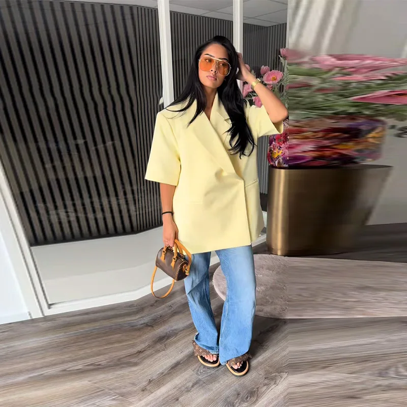 Casual One Button Slit Suit Women Loose Solid Lapel Short Sleeve Pockets Jackets  Summer Lady All-match Commute Outwear New