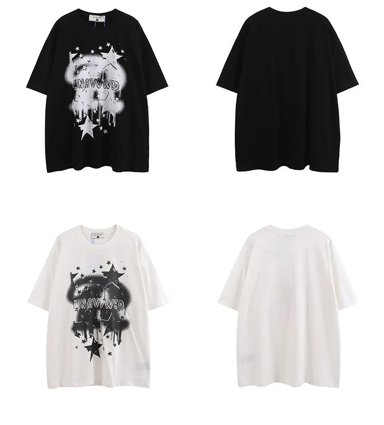 Summer American Retro Star Print Short sleeved T shirt Fashion Street Couple Y2K Personalized Simple Harajuku Half sleeved Top