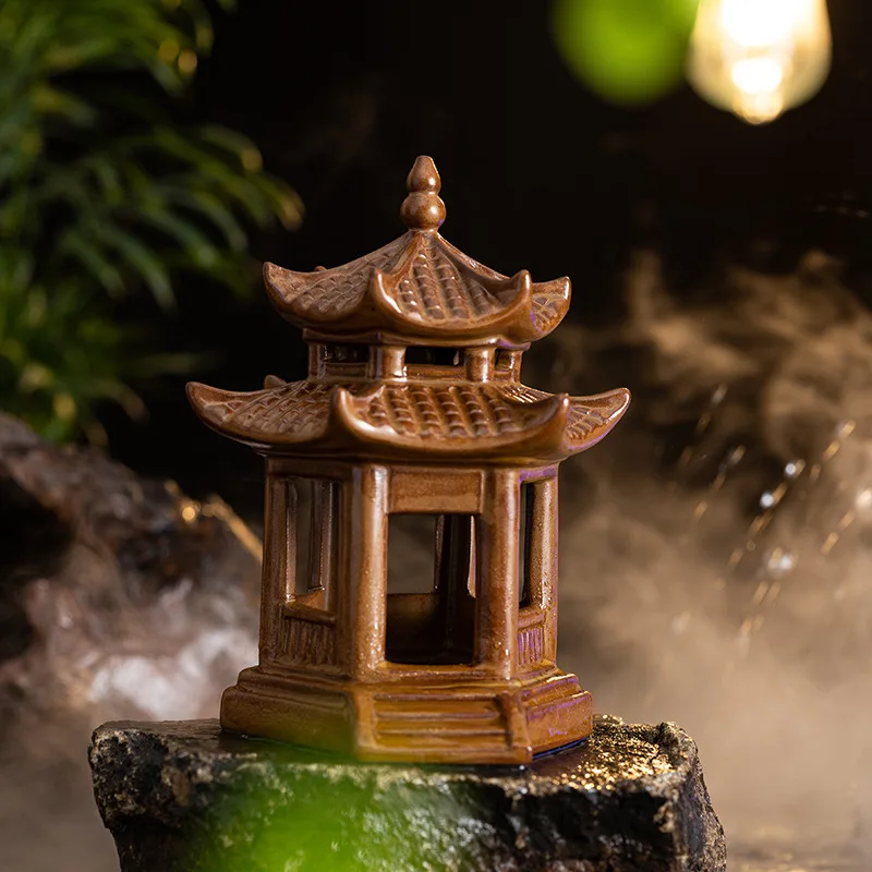 Micro Landscape Ceramic Pavilion, Hexagonal Pavilion Decoration, Fish Tank, Gardening Flower Pot, Desktop Creative Chinese Style