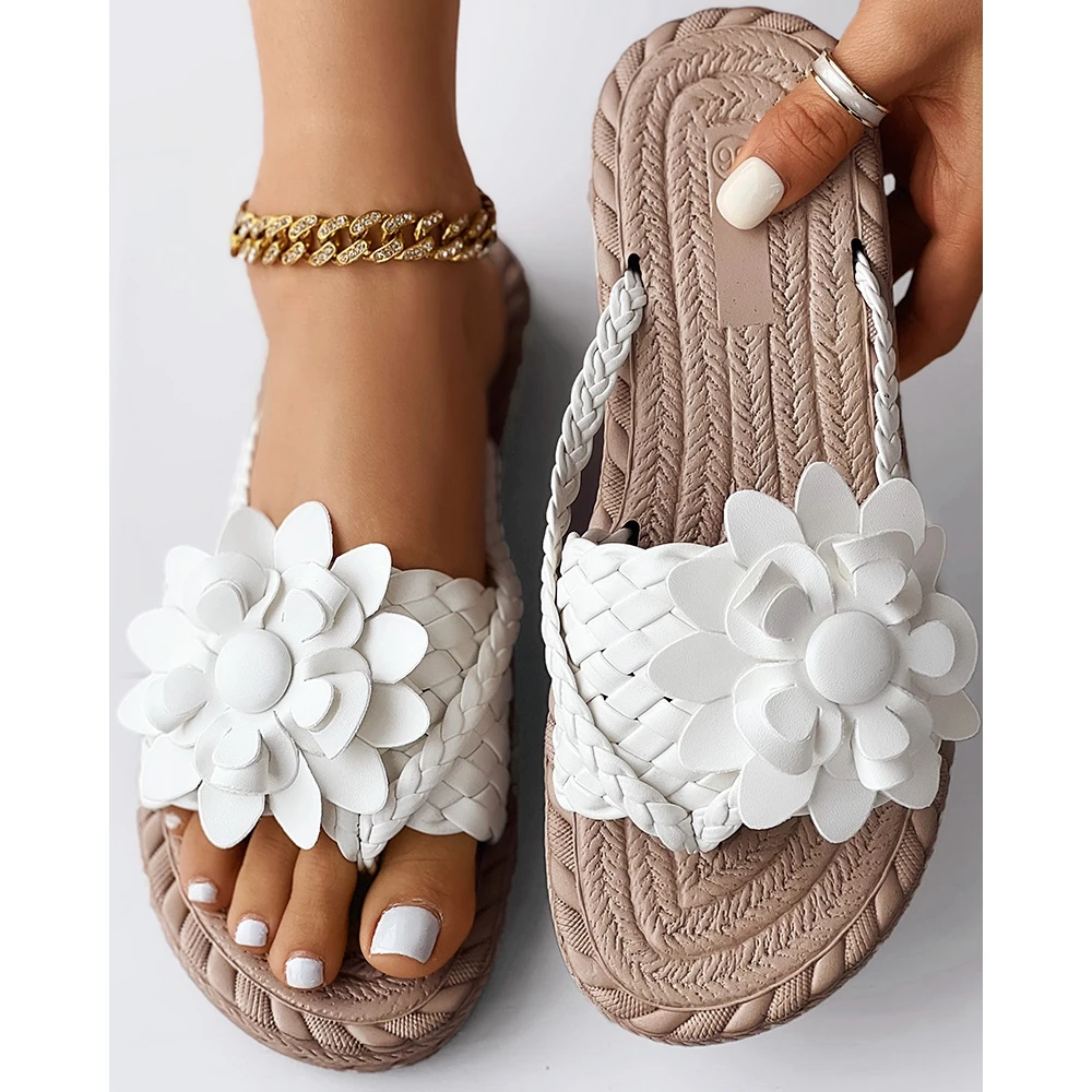 Fashion Women Floral Pattern Beach Flip Flops Slippers Lady Summer Casual Going Out Braided Toe Post Design Sandals Beach Shoes