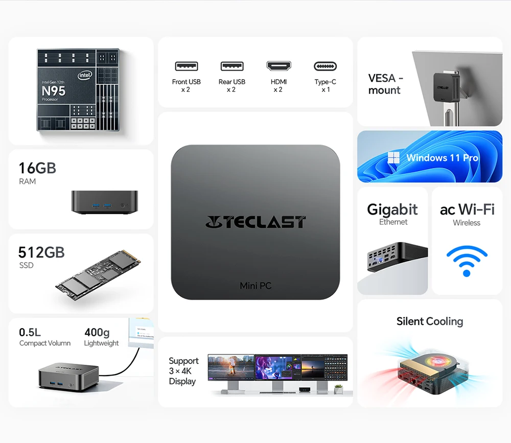 Mini PC Intel N95 12th Gen Processors DDR4 16GB RAM 256GB/512GB