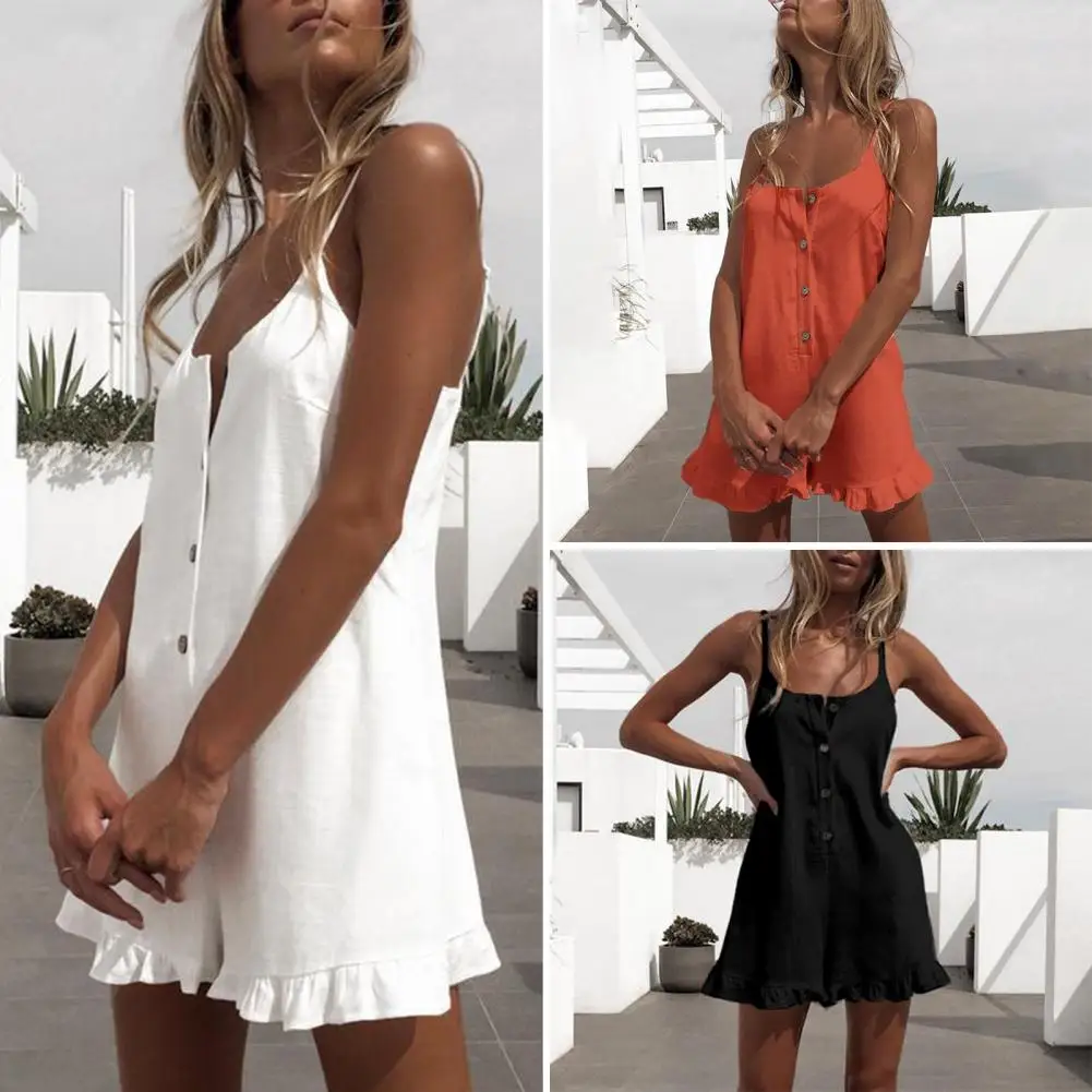 Fashion Low Collar Summer Jumpsuit Button Half Placket Wide Leg Ruffle Hem Sleeveless Backless Women Solid Color Sling Playsuit