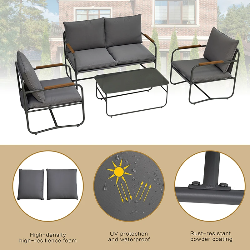 4-Piece Outdoor Patio Furniture Sets, Patio Conversation Set with Removable Seating Cushion, Courtyard Set for Home, Yard,