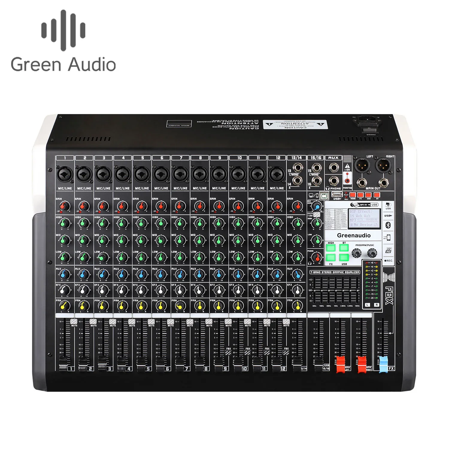 GAX-TXS16 전문 16 채널 DJ 오디오 믹서, 24 종류의 DSP 7 밴드 이퀄라이저, BT USB MP3 오디오 스테이지 퍼포먼스 믹서
