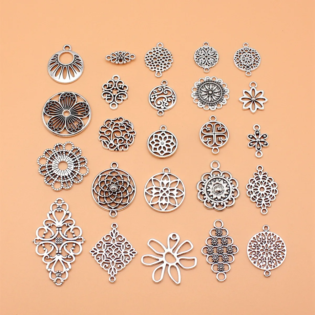 

24pcs Antique Silver Color Motif Charms Collection For DIY Jewelry Making, 24 Styles, 1 of Each