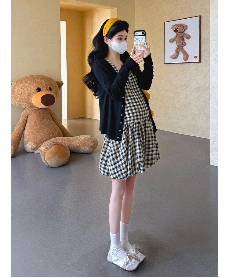 임산부 의류 여름 귀여운 민소매 체크무늬 버드 드레스와 임산부를 위한 검은색 긴팔 니트 가디건 2026