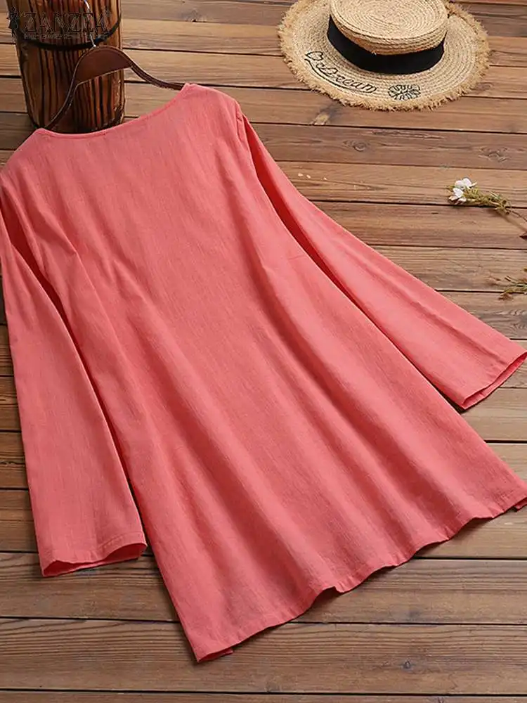 2023 ZANZEA Oversize Women Solid Shirt High Low O Neck 3/4 Sleeve Blouse Casual Loose Vintage Tops Holiday Spring Blusas Chemise