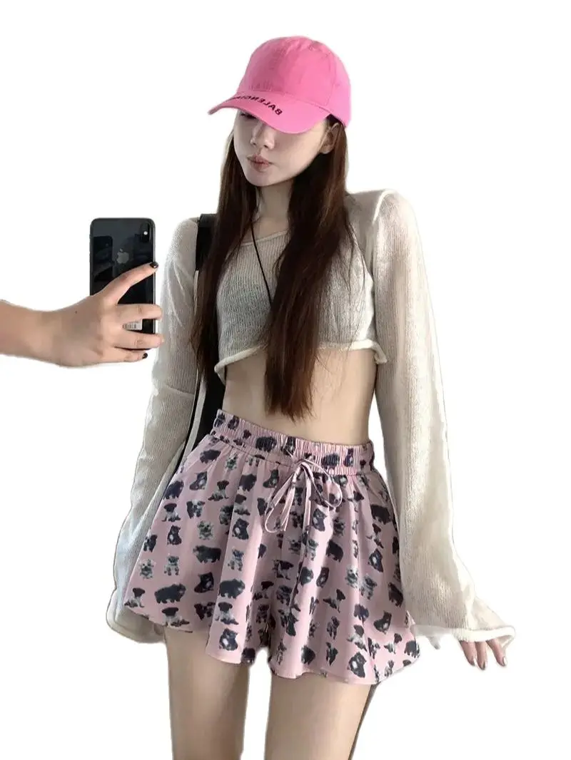 Puppy Print Baggy Shorts Elastic Waist Drawstring Casual Pants Women Summer High Waist Loose Slimming Wide Leg Short Pants