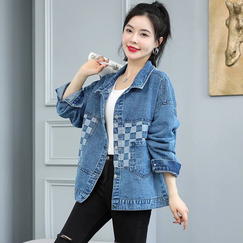 M-3XL Women Loose Denim Jacket Spring Autumn New Fashion Casual Plaid Patchwork Blue Jeans wear Student Girls Cotton Coat Female pants buffalo plaid ripped hole patch distressed denim jeans in blue size l