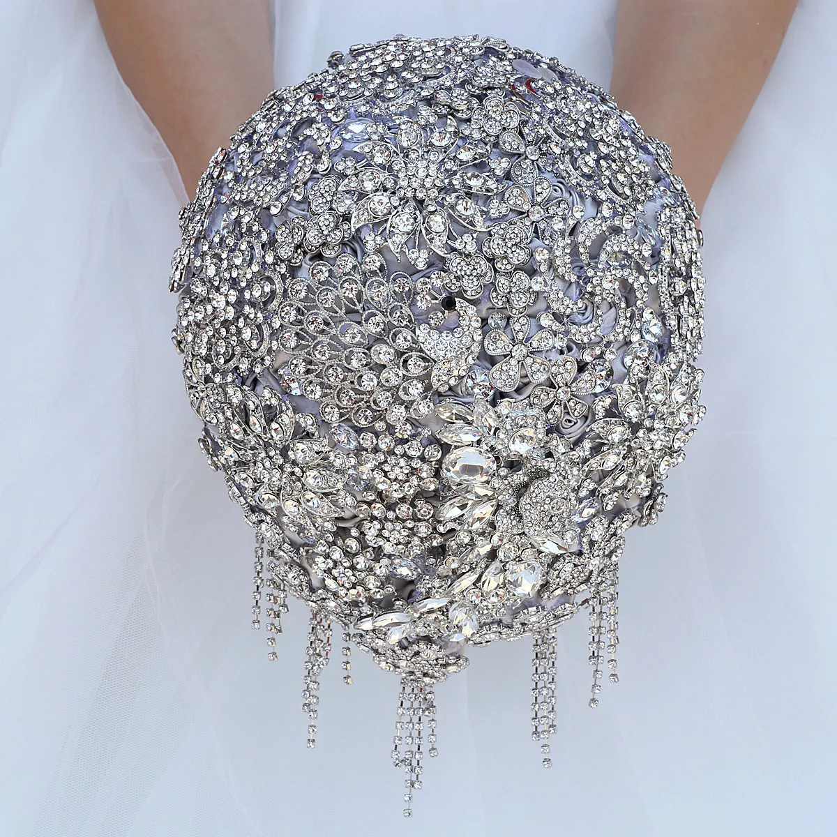Droplet like Bouquet Cascading Teardrop Bouquet Silver Gray Wedding Accessories Luxury Sparkle Crystal Rhinestone