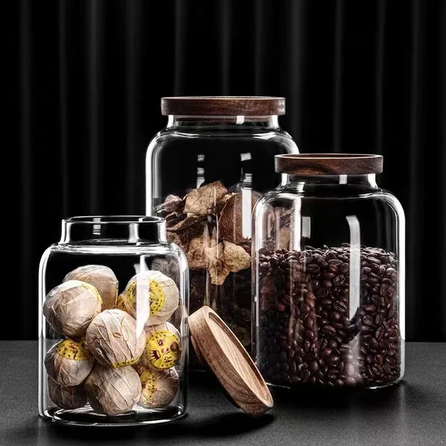 1200-3000 ML Large Capacity Glass Sealed Jar Lid Sealed Storage Wood Cover Coffee Bean Storage Jar Organizer Kitchen Containers