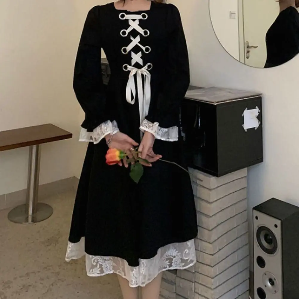 Sweet Slim Fit Lace Princes Dress Pleated A-line Girls Long Dress Sweet Ballet Style Puff Long Sleeved Dress Party