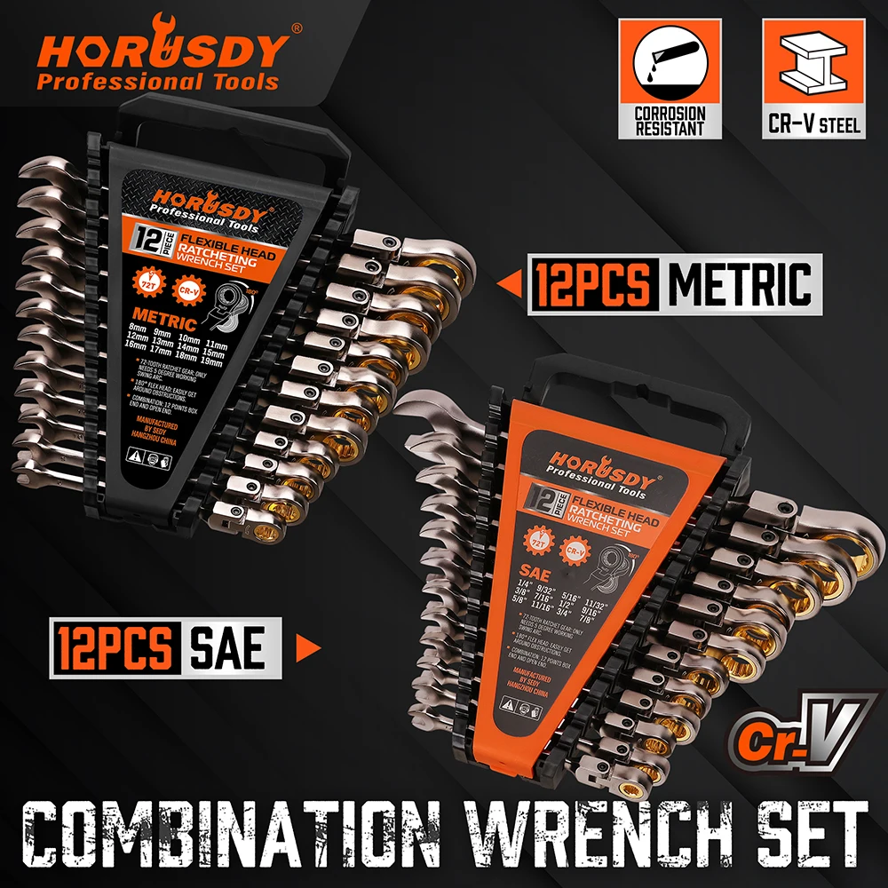 HORUSDY 24-Piece Flex-Head Ratchet Spanner Set Set | Metric and SAE | Ratcheting Combination Spanners Set