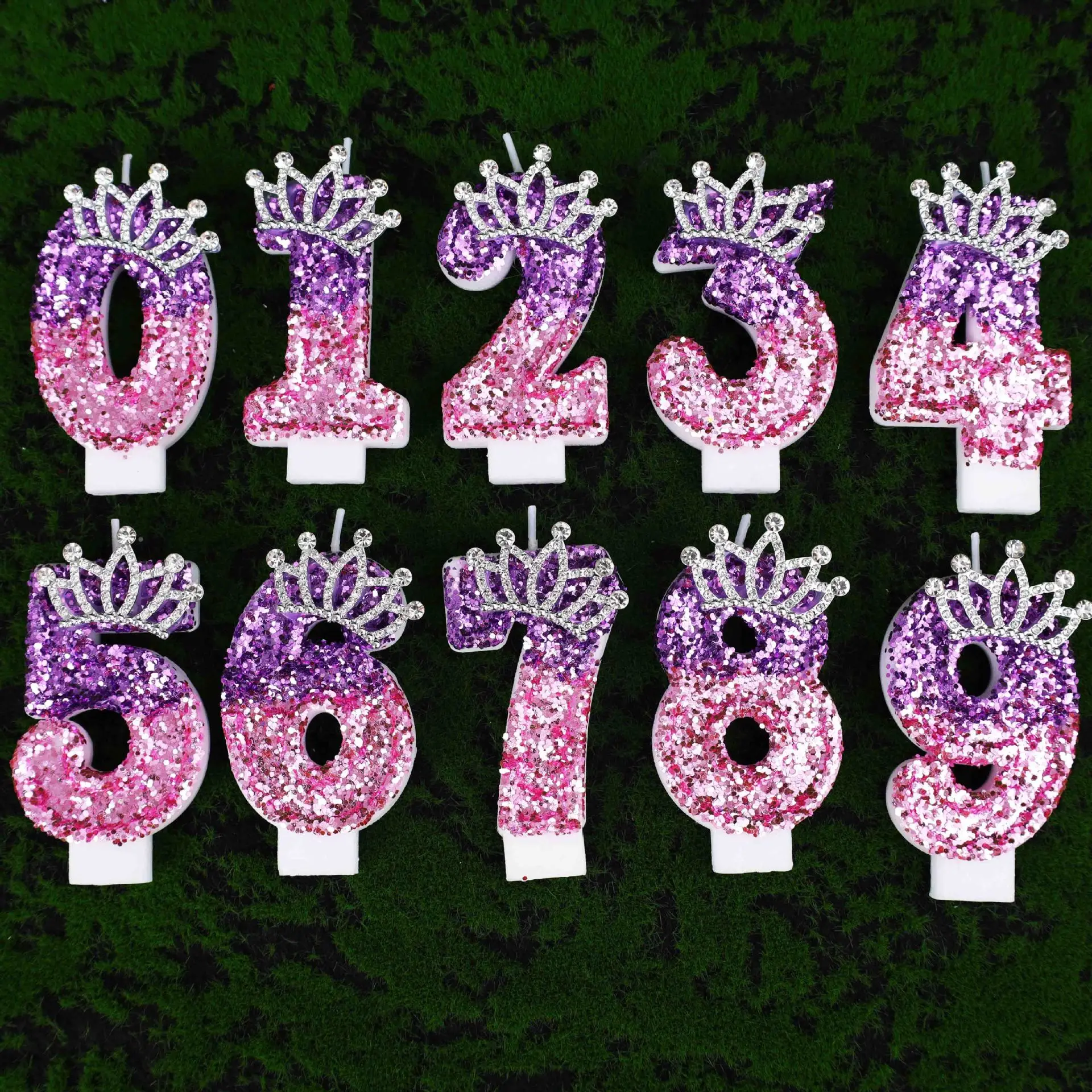 0-9 Farbverlauf Rosa-Lila Glitzer-Kronen-Zahlen-Geburtstagskerzen, Strass-Kuchenaufsatz für 18. Geburtstag, Mädchenparty, Hochzeit D – Detail 5