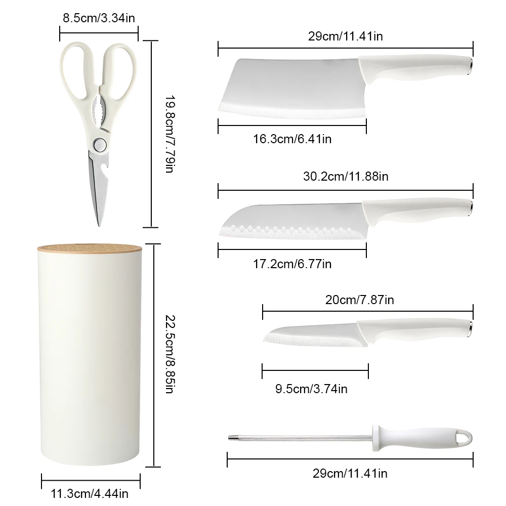 6-teiliges Küchenmesser-Set mit Weißem Griff, Edelstahl-Kochmesser, Brotmesser, Allzweckmesser, Schälmesser, Schere mit Messerhalter, Scharfes Kochbesteck-Set für Zuhause und Küche – Detail 7