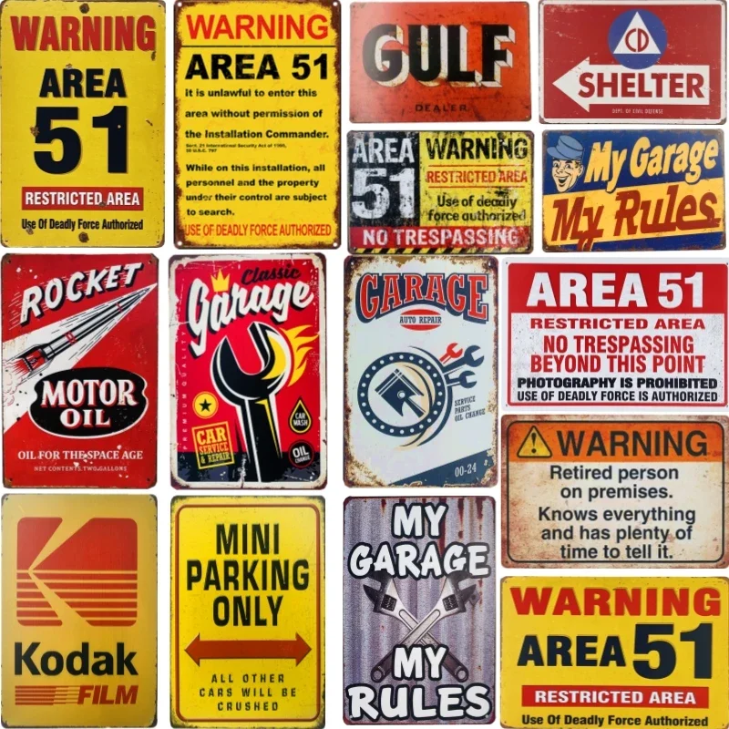 

Metal Tin Signs Vintage Retro Area 51 Plaque Garage Warning Danger Wall Plates Cafe Bar Decor