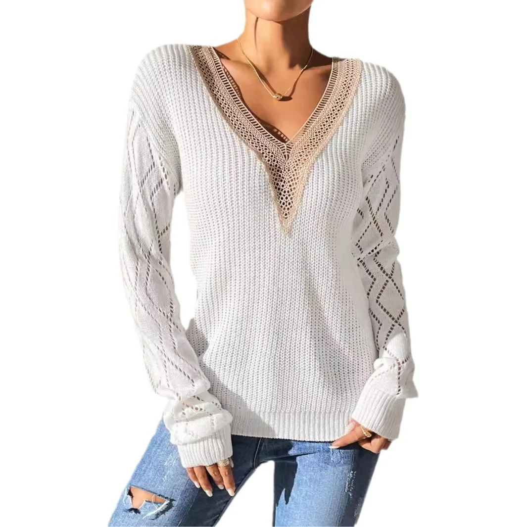 Women V Neck Long Sleeve Lace Knitted Pullover Sweater