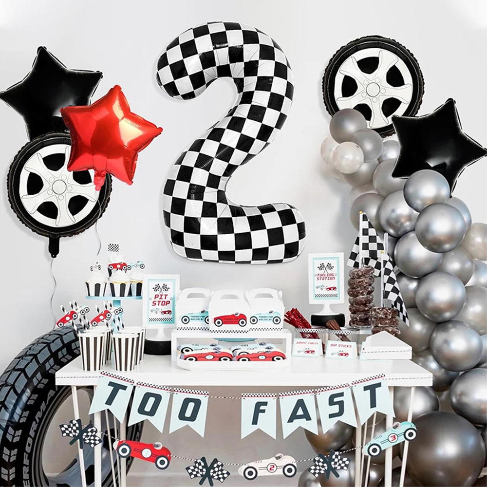 Race Car Theme Party Checkered Foil Balloons - Wheel & Tire Design for Kids Racing Birthday & Baby Shower Decorations