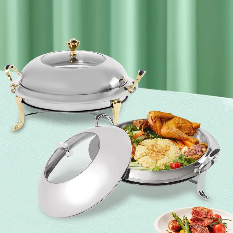 Dish Stainless Steel Cooking Round Warmer Tray Durable Frame with Lid Fuel Holder Cookware Set