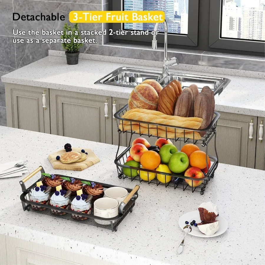 ANTOPY 3 Tier Fruit Basket with 2 Banana Hangers Countertop Fruit Vegetable Basket Bowl for Kitchen Counter Metal Mesh Basket F