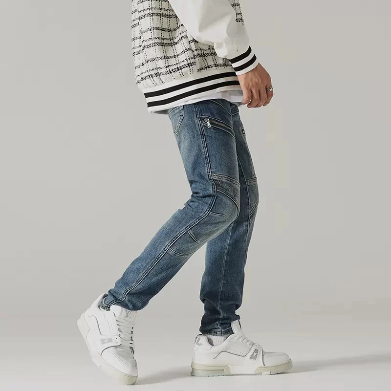 Fashion Streetwear Men Jeans Retro Blue Elastic Slim Fit Spliced Biker Jeans Men Zipper Patched Designer Hip Hop Pants Hombre