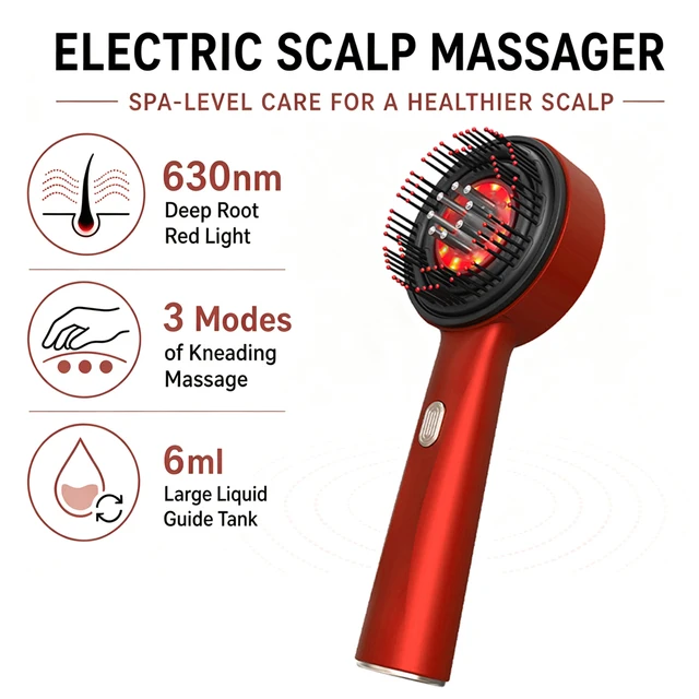 Masseur de Cuir Chevelu pour Détente, Peigne à Lumière Rouge 630nm, 3 Modes de Pétrissage, Soin Quotidien Rechargeable 1
