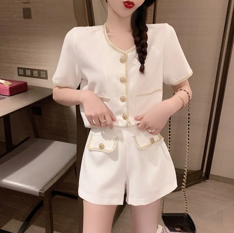 

New Summer Elegant Two Piece Set Women Korean Fashion Short Sleeve Crop Top Jacket + High Waist Shorts Suit Women's Tracksuit
