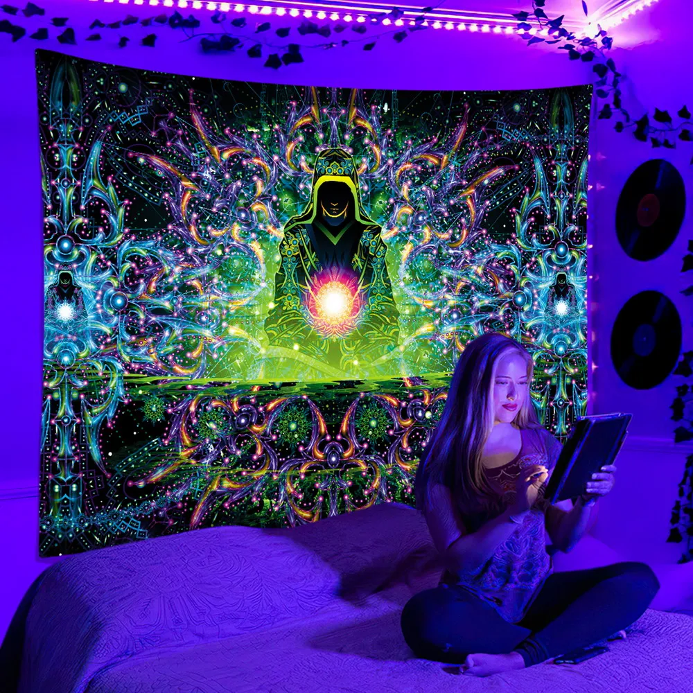 Fluorescent Tapestry UV Psychedelic Aesthetic Wall Hanging tapestry decorations For Bedroom Dorm Independent Room Decoration