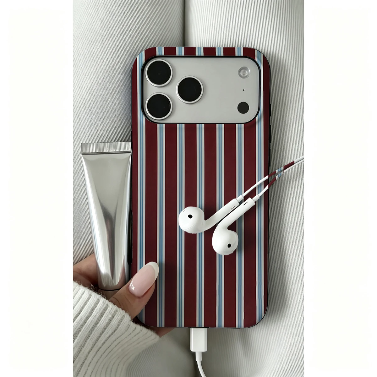 Burgundy Blue White Striped Double-Layer Phone Case