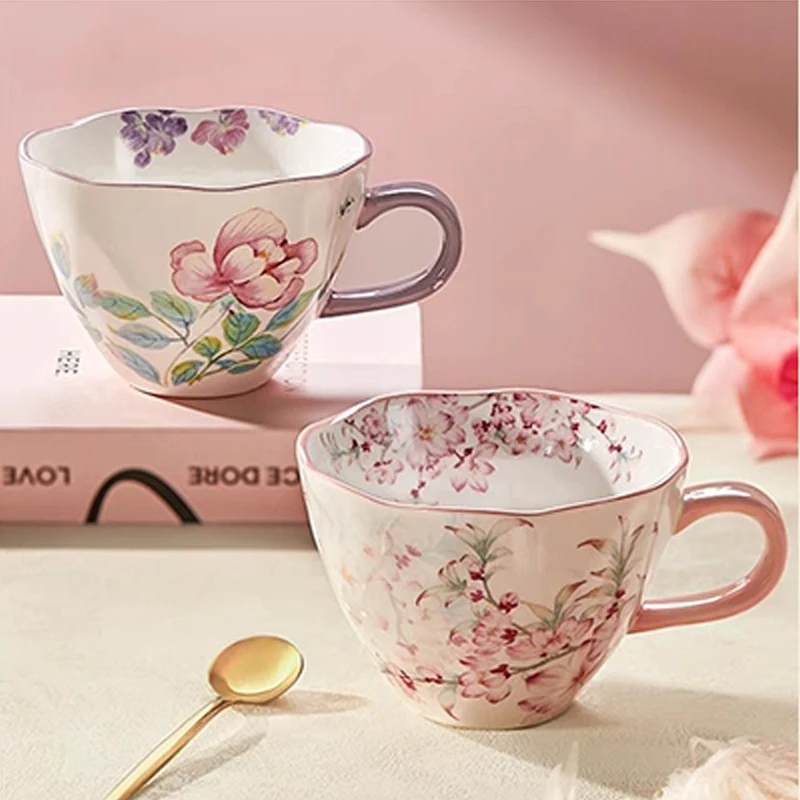 Chinese Style Ceramic Gift Cute Mug, Home Personal Office Creative Hand Drawn Flower Patterns, Milk Water Coffee Cup, 350ml, 1Pc