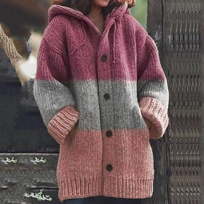 

Colorblock Cardigan Women Hooded Pockets Loose Sweaters Full Sleeve V Neck Knitted Splice Coats Open Stitch Winter Autumn 2023