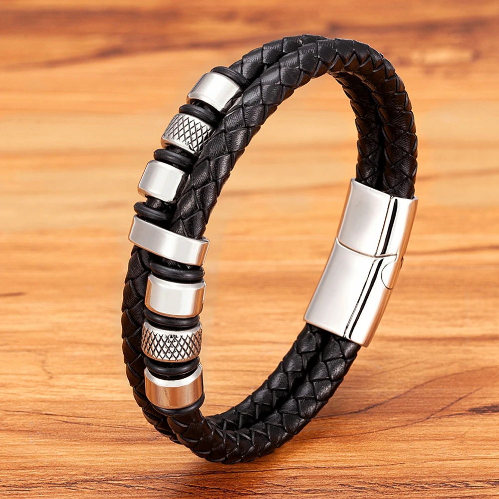 Double Layers Stainless Steel Mens Bracelet Braided Genuine Leather Combination Magnetic Clasp - Image 4