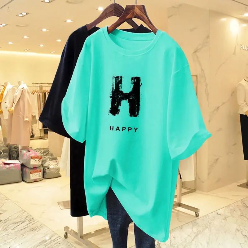 Women Clothing Chic Letter Printed T-shirt  Short Sleeve Pure Cotton Tee Shirt Summer Casual O-neck Top Basic Pullovers