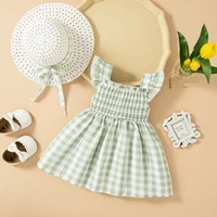 (0-3 Year Old Baby Girl Dress) Summer New Green Checkered Children’S Sleeveless Clothes With Free Hat For Beach Party
