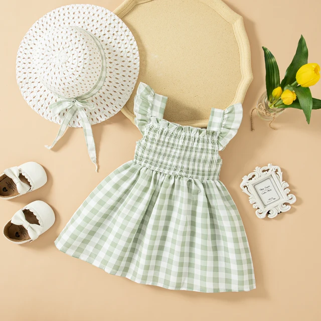 (0-3 Year Old Baby Girl Dress) Summer New Green Checkered Children'S Sleeveless Clothes With Free Hat For Beach Party 1