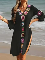 Fashion Style Hand Crochet Flower Block Beachwear Cover Up Beach Holiday Casual See-Through Dress Breathable Sunscreen Smock - Image 5