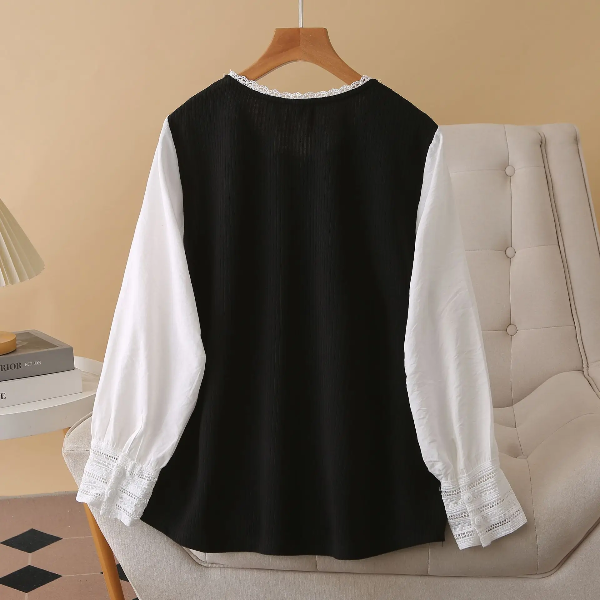 XXXXL Fashion Plus Size Women's T-Shirt 2025 Autumn New Stylish Casual Lace Round Neck Fake Two Piece Tops 2531