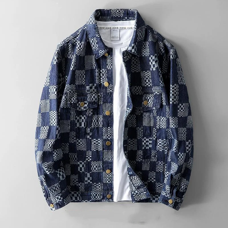 Spring and Autumn New Men's Loose Chessboard Plaid Casual Coat Fashion Personality Jacquard Denim Jacket