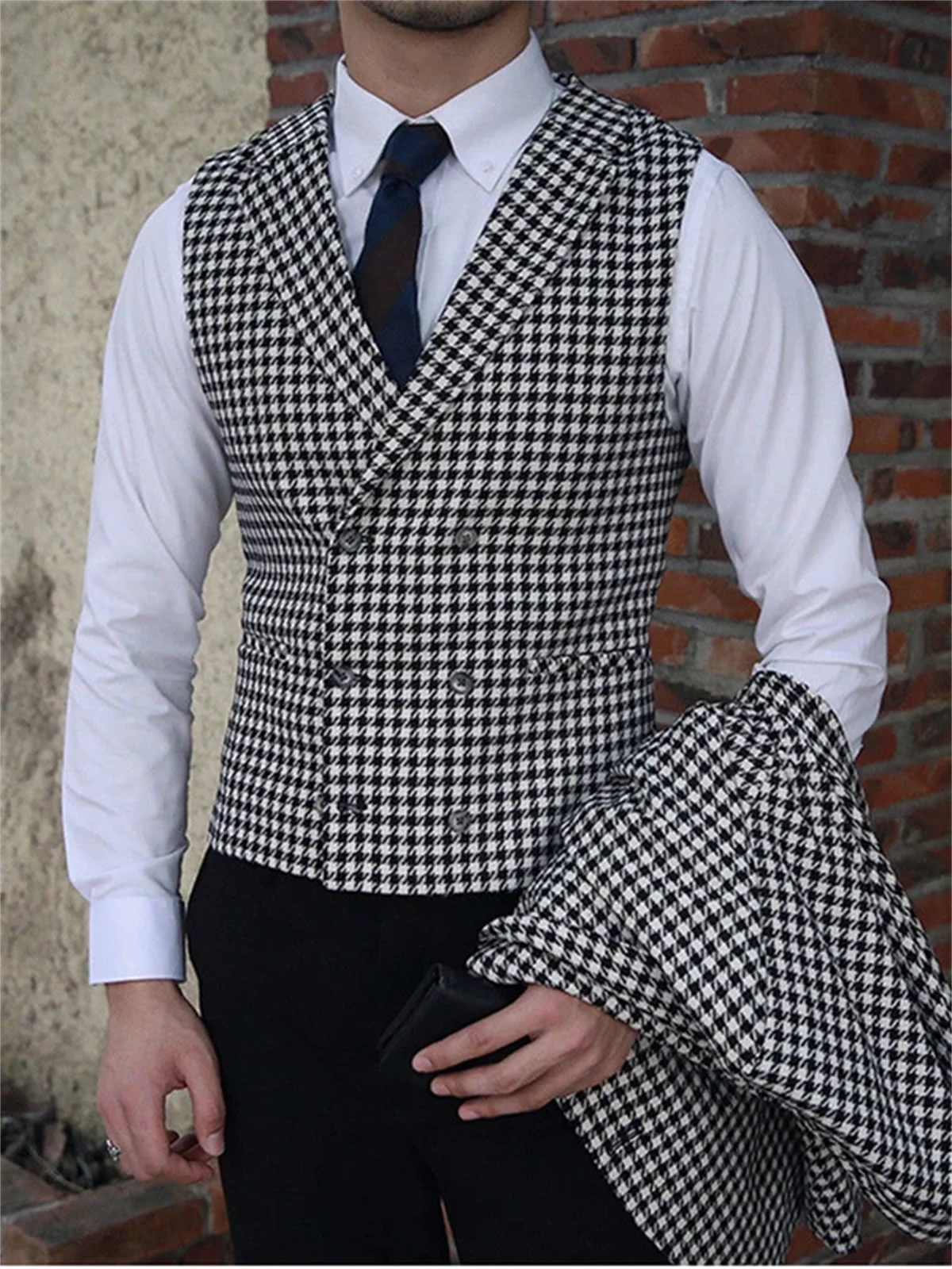 3 Pieces Houndstooth Men's Blazer Suits For Wedding Business Formal Tweed Groom Tuxedos Party Prom Man Suits Jacket+Pants+Vest