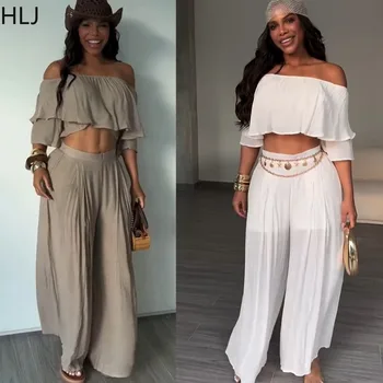 HLJ Casual Women Off Shoulder Ruffle Crop Top Two Piece Matching Elastic Pleated Wide Leg Pants Summer Beach Holiday Boho Outfit
