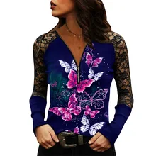 

Fashion Women Sexy V-Neck Butterfly Print Zipper Up Female Pullover Ladies Tops Mesh Streetwear Lace Patchwork Long Sleeve Tee