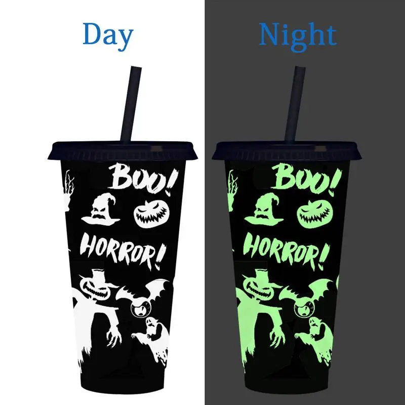 Halloween With Lid And Straw 710ml Halloween Party Cup Glow In The Dark Luminous Boo Horror Pumpkin Bat Ghost Patterns Party